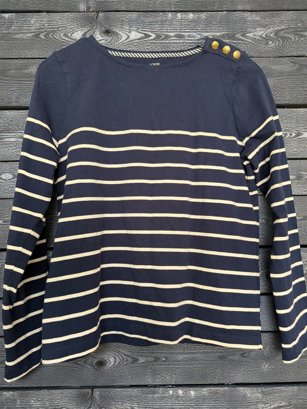 J. Crew Navy and Cream Striped Long Sleeve Top with Gold Buttons